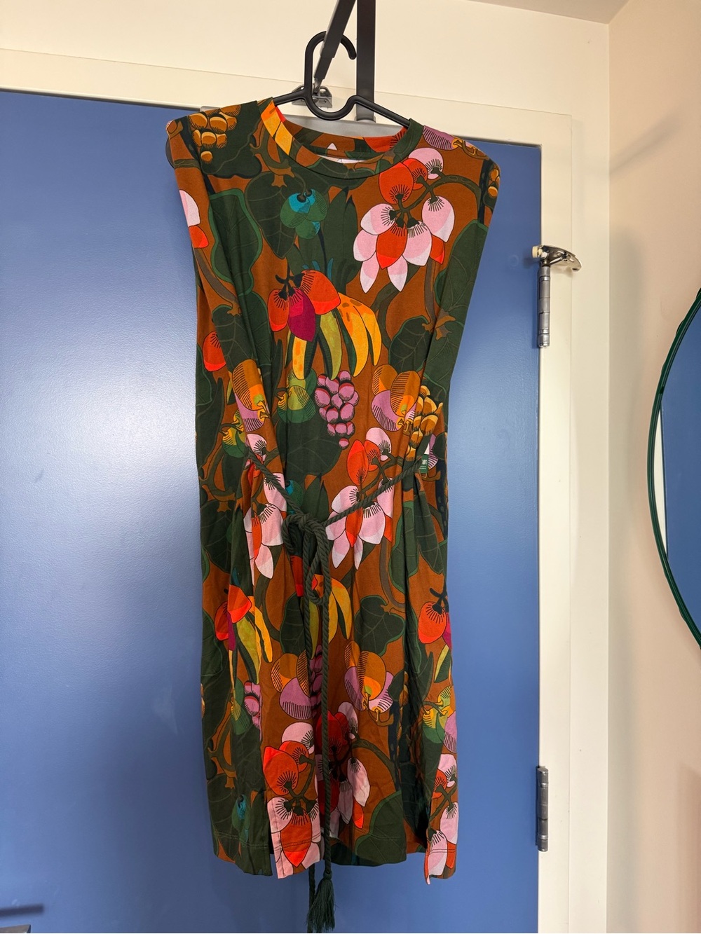 Simons Green Floral Tie-Waist Midi Dress with Pink and Orange Blooms